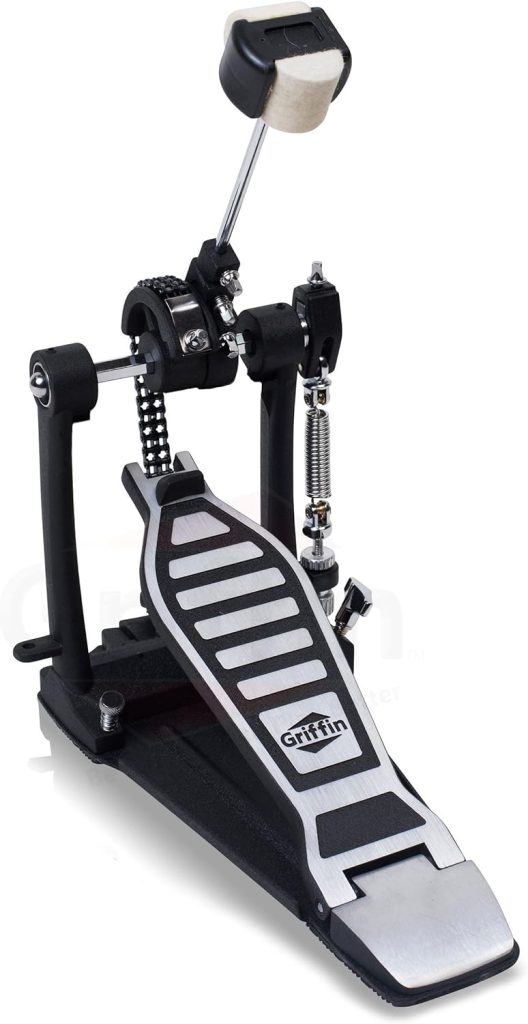 Single Kick Bass Drum Pedal by GRIFFIN | Deluxe Double Chain Foot Percussion Hardware for Intense Play | 4 Sided Beater  Fully Adjustable Power Cam System | Perfect for Beginner  Pro Drummers