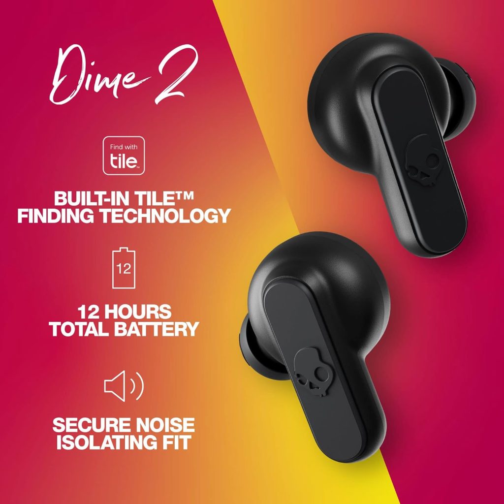 Skullcandy Dime 2 In-Ear Wireless Earbuds, 12 Hr Battery, Microphone, Works with iPhone Android and Bluetooth Devices - Black