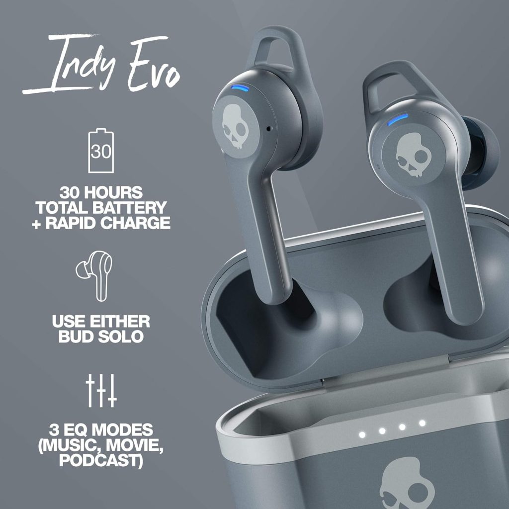 Skullcandy Indy Evo In-Ear Wireless Earbuds, 30 Hr Battery, Microphone, Works with iPhone Android and Bluetooth Devices - Black