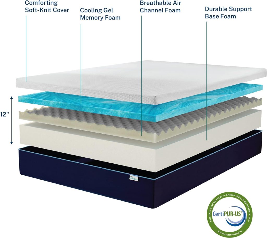 Sleep Innovations Marley 12 Inch Cooling Gel Memory Foam Mattress with Airflow Channel Foam for Breathability, Queen Size, Bed in a Box, Medium Firm Support