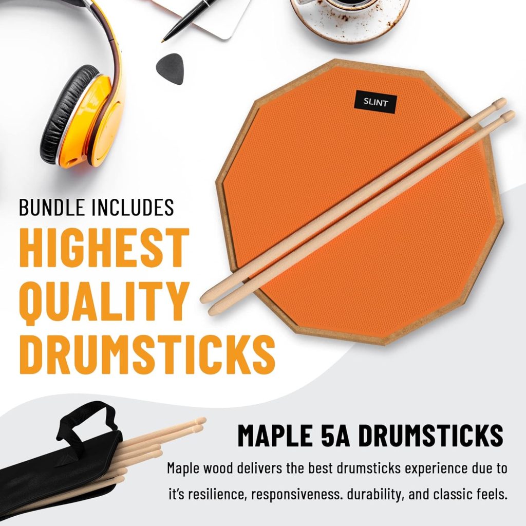 Slint 12 Inch Snare Drum Practice Pad and Sticks - Double Sided Silent Practice Drum Pad and Sticks  Storage Bag for 4 Inch Snare Drum Pad- Snare Practice Pad for Drumming with Two Surfaces (Orange)