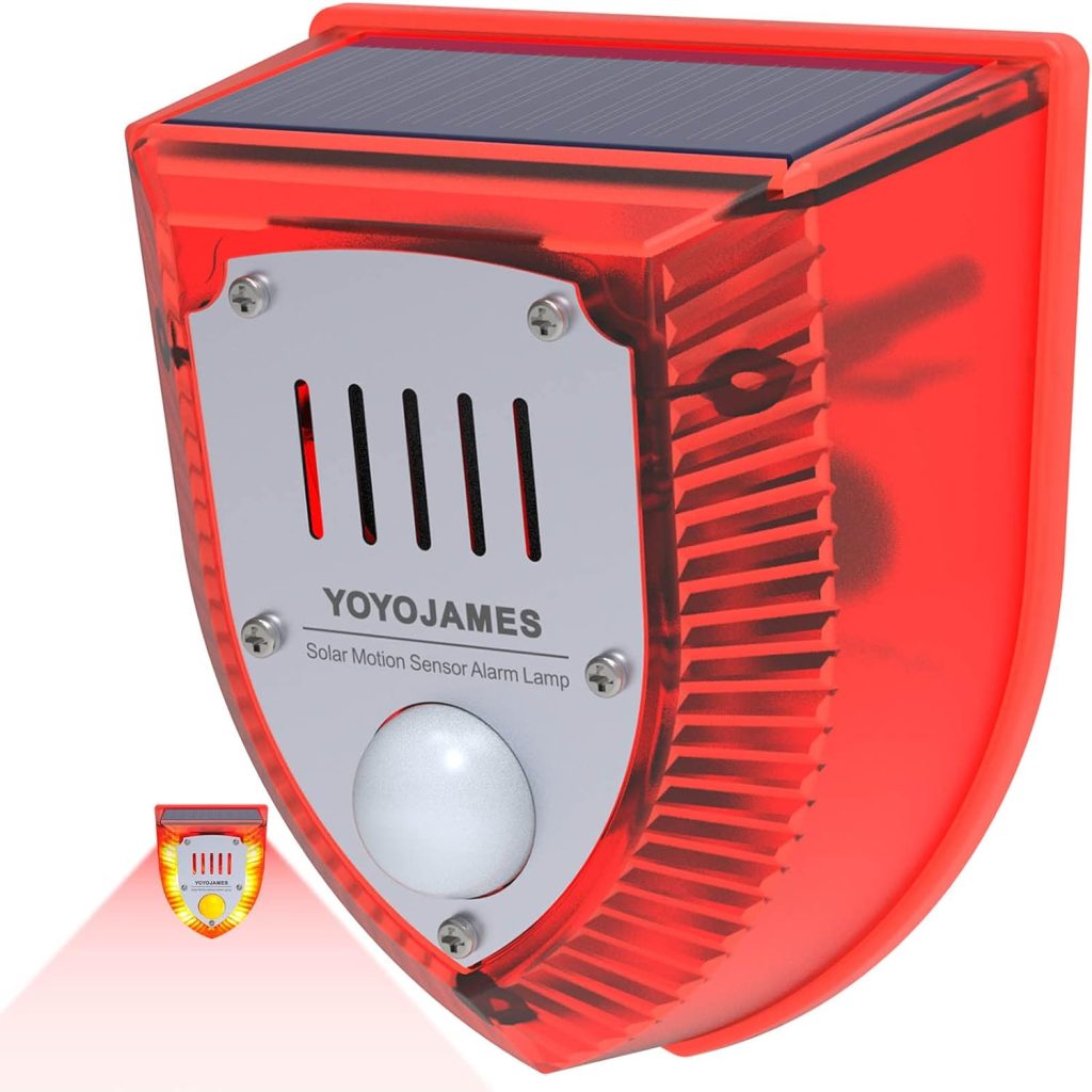 Solar Motion Sensor Alarm Light - Dog BarkingGunshot Sound 129db,Outdoor IP55 Waterproof Motion Detector Alarm for Home, Villa,Farm,Barn,Yard,Chicken coop