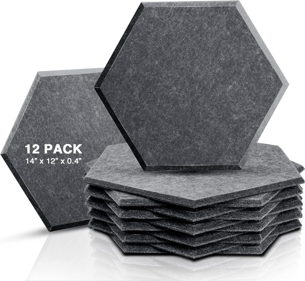 Sonic Acoustics 12 Pack Hexagon Acoustic Panels, 14 X 12 X 0.4 High Density Sound Absorbing Panels Sound Proof Insulation Beveled Edge Studio Treatment Tiles (Dark Grey)