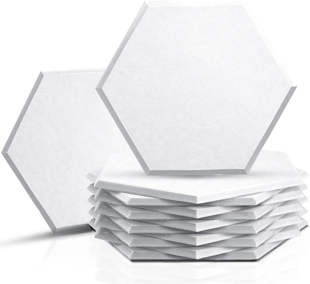 Sonic Acoustics 12 Pack Hexagon Acoustic Panels, 14 X 12 X 0.4 High Density Sound Absorbing Panels Sound Proof Insulation Beveled Edge Studio Treatment Tiles (White)