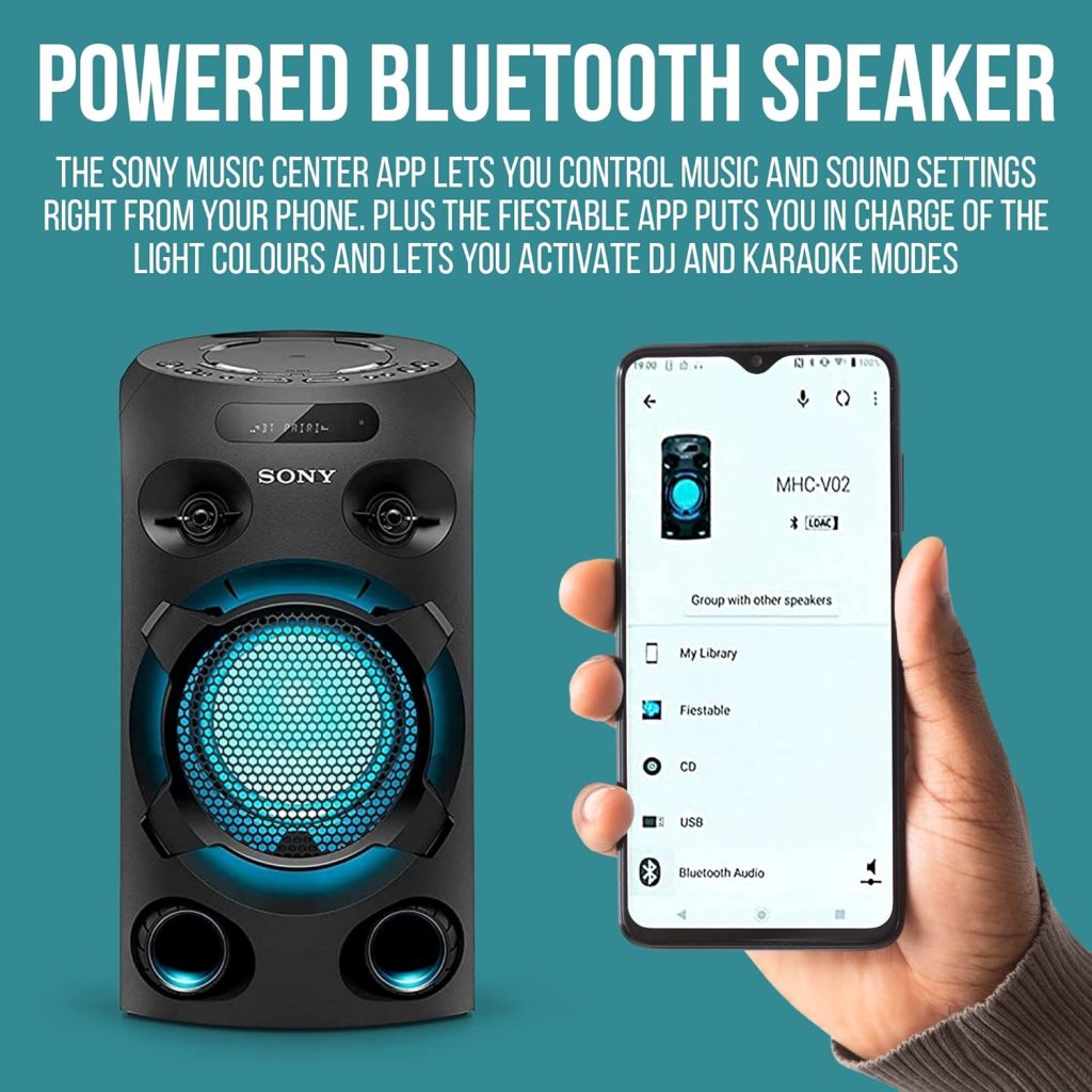 Sony Bluetooth Party Speaker Home Audio System Loud Bass Speaker LED Lights Outdoor Portable Voice Control NFC USB CD and DJ Sound, Remote Control with NeeGo 3.5mm Jack + Aux