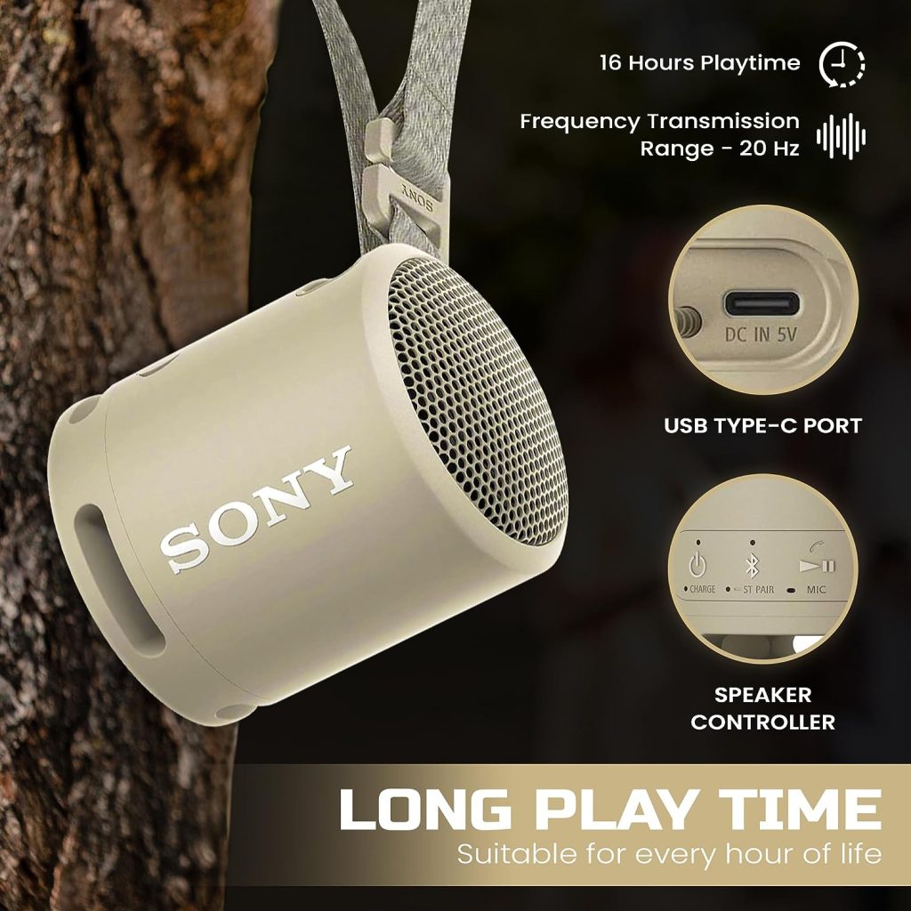 Sony Bluetooth Speaker, Portable Speakers Bluetooth Wireless, Extra BASS IP67 Waterproof  Durable for Outdoor, Compact Mini Travel Speaker Small, 16 Hour Battery, USB Type-C, Taupe + USB Adapter