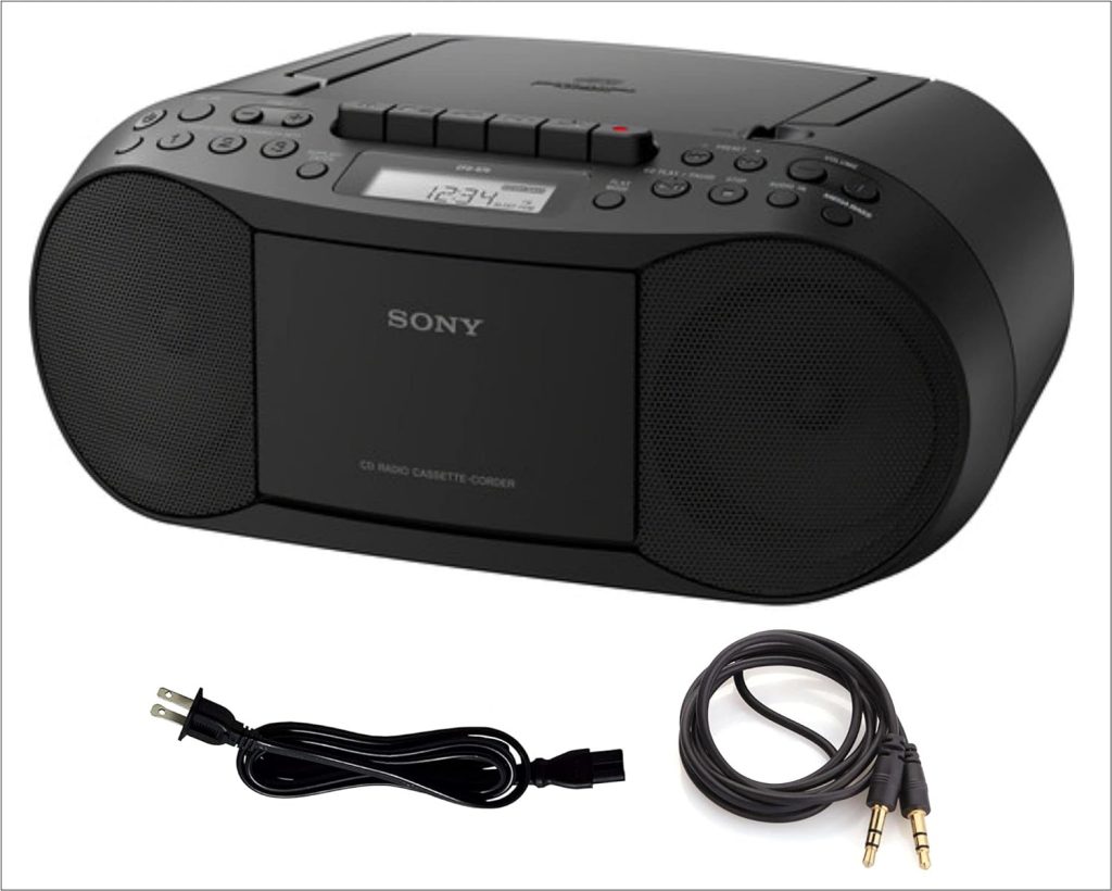 Sony CD Player Portable Boombox with AM/FM Radio  Cassette Tape Player Plus A Auxiliary Cable 3.5 to 3.5 Male to Male Cable, Bundle