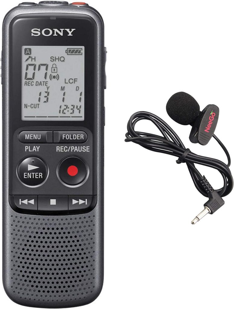 Sony Digital Voice Recorder ICD-PX Series, with Built-in Mic and USB, 4GB Memory, Noise Cut for Noise-Free Recordings, Includes A NeeGo Lavalier Lapel Mic