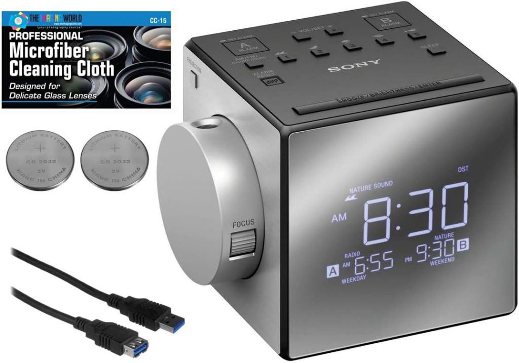 Sony ICF-C1PJ Alarm Clock with AM/FM Radio, Time Projection, Soothing Nature Sounds, Extendable Snooze, LED Display with Adjustable Brightness, USB Port and Built-in Calendar + Extra Batteries + Cable