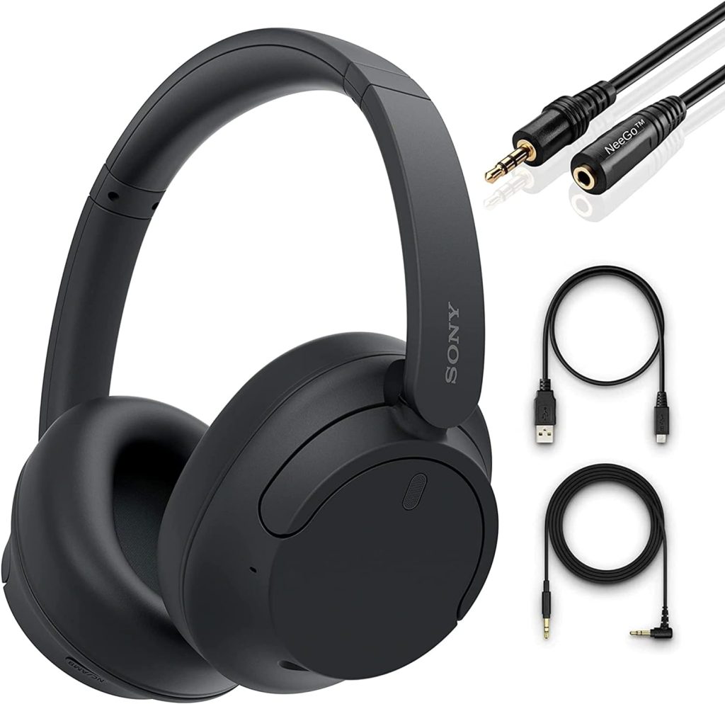 Sony Noise Cancelling Headphones - Wireless Bluetooth Over The Ear Headset with Mic for Phone-Call and Alexa Voice Control – Black + NeeGo 3.5mm Headphone Extension Cable, 10ft
