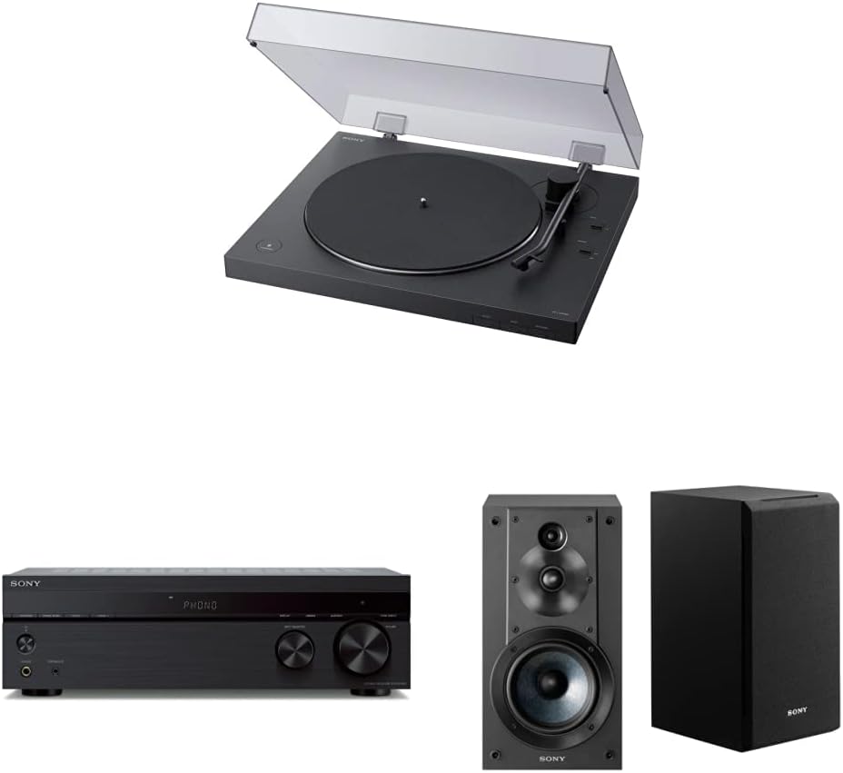 Sony PS-LX310BT Belt Drive Turntable, Black  STRDH190 2-ch Home Stereo Receiver with Phono Inputs  Bluetooth Black  SSCS5 3-Way 3-Driver Bookshelf Speaker System (Pair) - Black