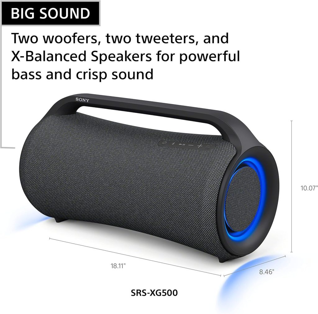 Sony SRS-XG500 X-Series Wireless Portable Bluetooth Boombox Party-Speaker with Big Powerful Sound, IP66 Water-resistant and Dustproof, 30 Hour-Battery, LED Ring Lighting for Home and Outdoor