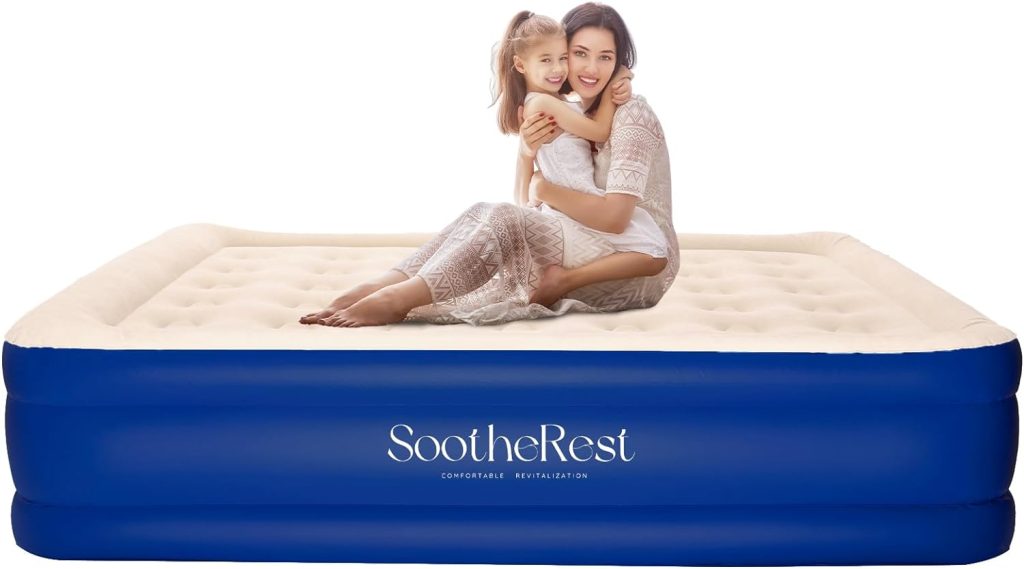 SootheRest Queen Air Mattress with Built-in Pump, 19 Foldable Airbed with 2 Valves, Double High Self Inflation Deflation Adjustable Blow Up Guest Bed for Portable Camping,Home, Travel, 650lbs MAX