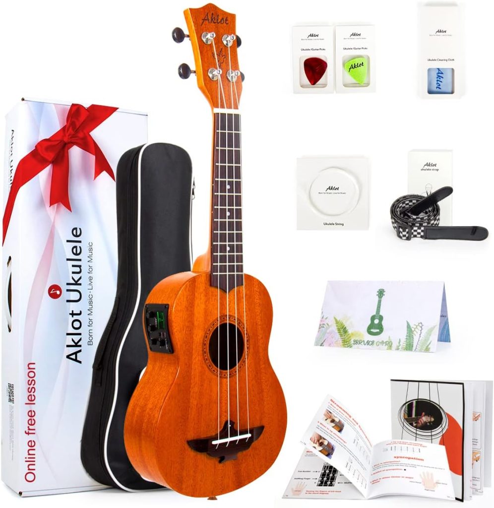 Soprano Ukulele, AKLOT Acoustic-Electric Ukelele 21 Inch Solid Mahogany Uke for Professional Player with Equalizer Beginner Kit (Gig Bag, Picks, Strap, String, Cleaning Cloth, Starter Manual)