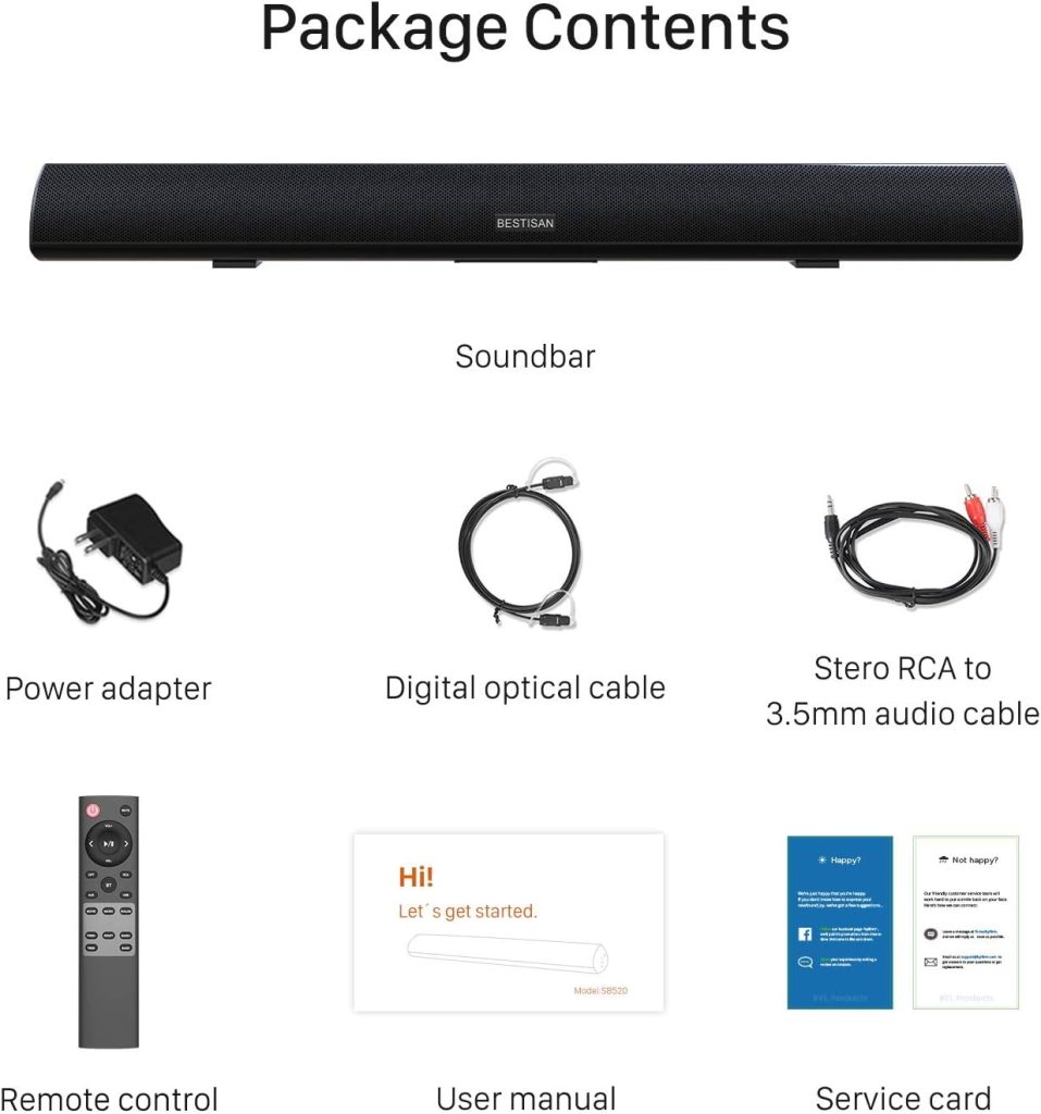 Sound Bar, 100Watt Bestisan Soundbar for TV, Wired  Wireless Bluetooth 5.0 Sound Bar(40 Inch, 6 Drivers, 105dB, Optical Cable Included, HDMI-ARC, Bass Adjustable and Wall Mountable) : Electronics