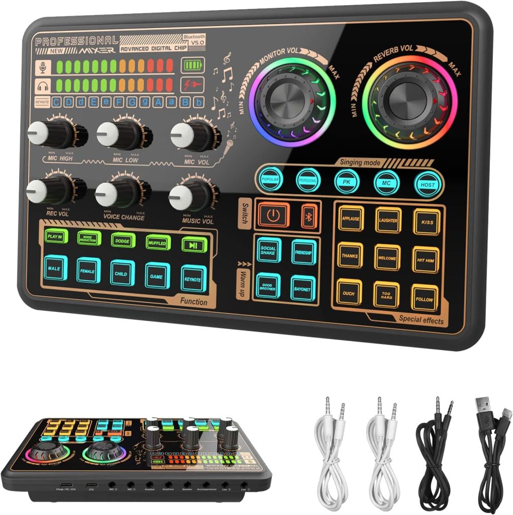 Sound Effects Board, Hosabely Audio Interface with Voice Changer and LED Lights, Live Sound Board for PC Phone Microphone, Audio Mixer for Karaoke, Streaming, Recording, Gaming
