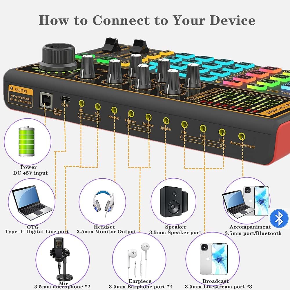 Sound Mixer Board, LED Light Voice Changer Sound Card with Multiple Sound Effects - Live Sound Card for Live Streaming, Audio Mixer for Music Recording Karaoke Singing Broadcast on Cell Phone Computer