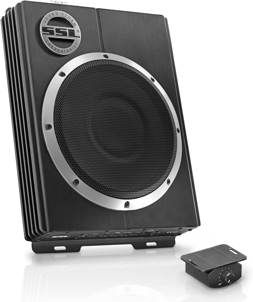 Sound Storm Laboratories LOPRO10 10 Inch Powered Under Seat Car Audio Subwoofer - 1200 Watts Max, Built-in Amplifier, Low Profile, Remote Subwoofer Control, for Truck, Boxes and Enclosures