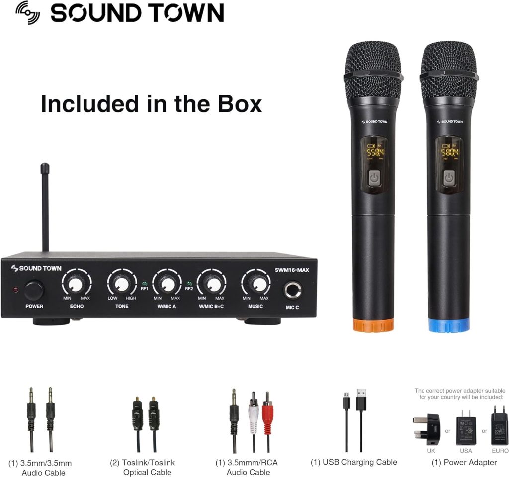 Sound Town 16 Channels Wireless Microphone Karaoke Mixer System with Optical (Toslink), AUX and 2 Handheld Microphones - Supports Smart TV, Home Theater, Sound Bar (SWM16-PRO)