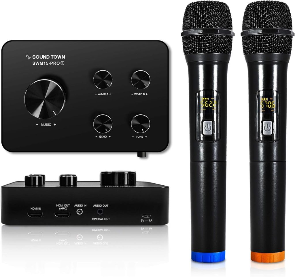 Sound Town Wireless Microphone Karaoke Mixer System, Supports HDMI ARC, Optical (Toslink), Smart TV, Media Box, PC, Bluetooth, Soundbar, Receiver, AUX (SWM15-PROS)