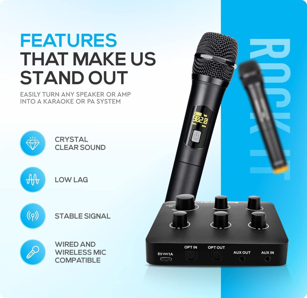 SoundBeast Wireless Karaoke  PA Mixer System - Includes 2 Wireless Microphones  1 Mini Mixer - Bluetooth, Aux, Optical Input - Optical  Aux Output