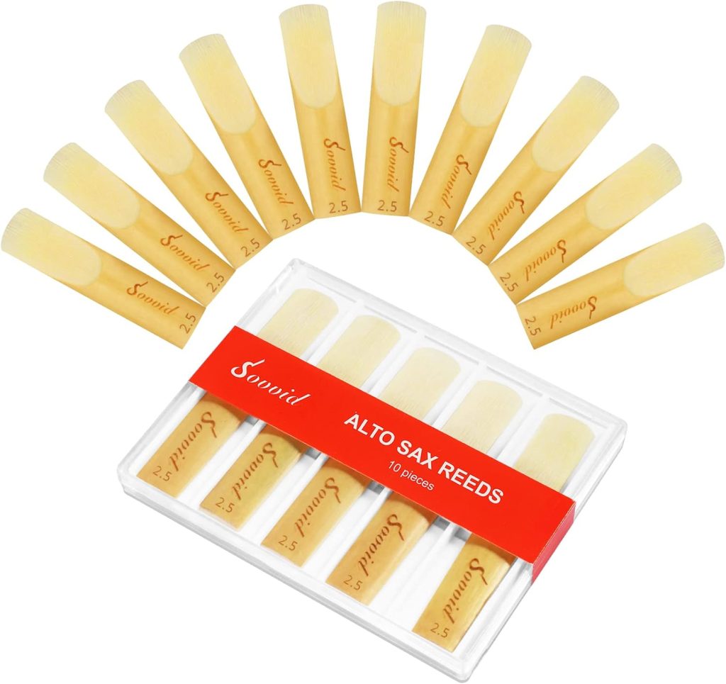 Sovvid 10 Pack Professional Alto Saxophone Reeds with Plastic Box, Strength 2.5 Alto Sax Reeds, Laser Engraved Marking  Thinner Reed Tip for Easy of Play, Traditional Reeds for Saxophone Alto