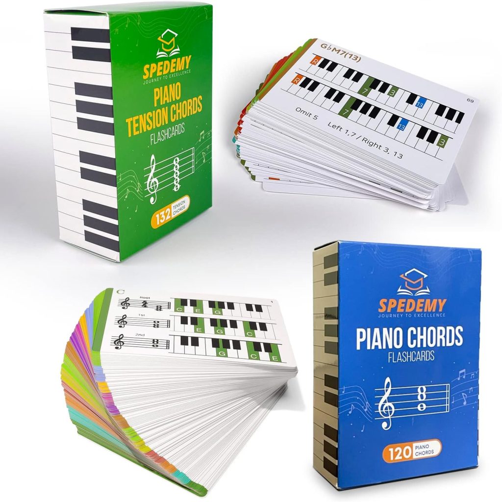 Spedemy Piano Tension Chord Flashcards Set in Gift Box - Piano Chords Chart - ColorCoded Flash Cards for 252 Chords - 21 Frequent Chords, 12 Keys - Fun Educational Flashcards for Piano, Music Learners