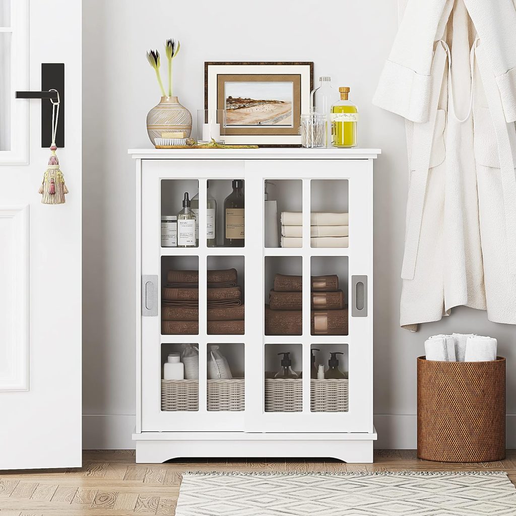 Spirich Home Bathroom Storage Cabinet with Sliding Barn Glass Doors, Modern Floor Sideboard Buffet Cabinet for Kitchen, Dining Room, Bathroom, Living Room, Entryway (White)