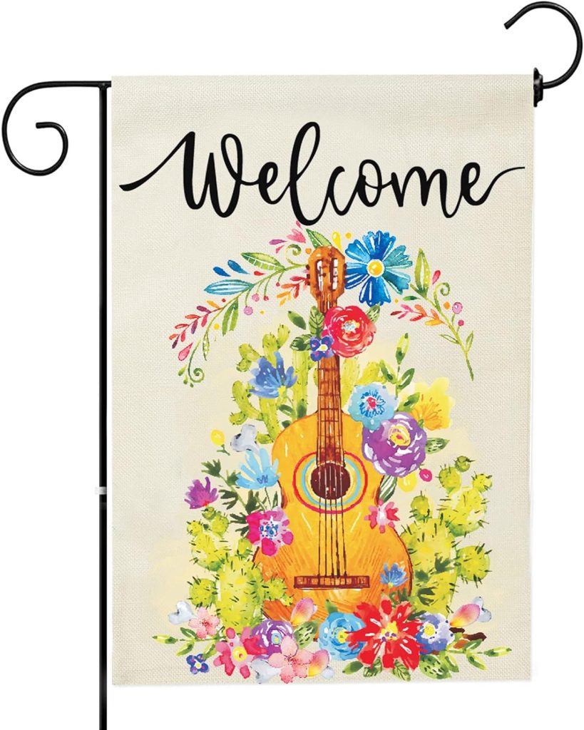 Spring Garden Flags, Welcome Floral Garden Flag, Easter Garden Flag, Seasonal Yard Flags House Flags, Flower Yard Flag, Garden Flags for Outside Front Door, Mailbox, Lawn, Patio, Poolside, Lakeside (Spring Guitar)