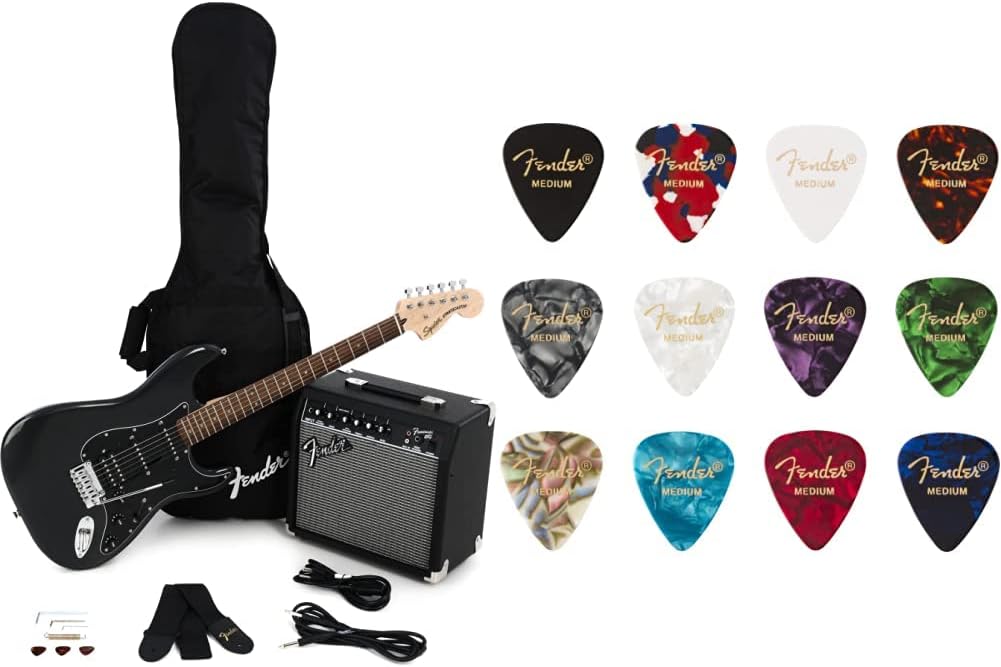 Squier by Fender Electric Guitar Kit, Affinity Series Stratocaster, with 2-Year Warranty, Charcoal Frost Metallic, with Padded Guitar Bag, Frontman 15G Guitar Amp, Guitar Strap, and More