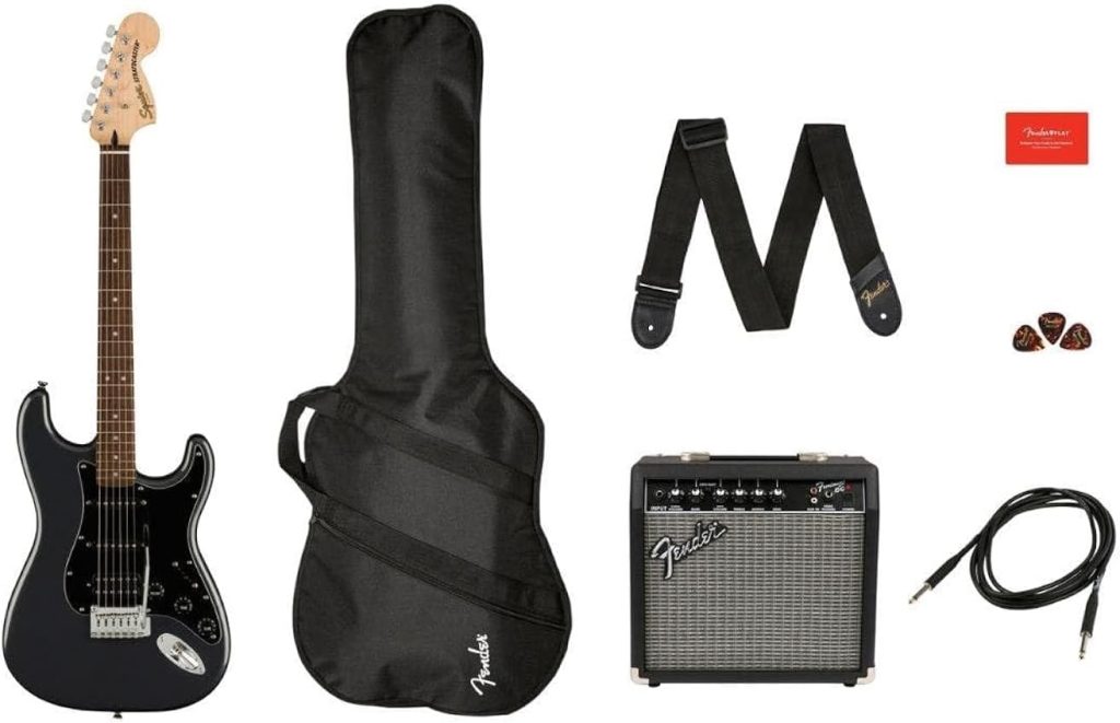 Squier by Fender Electric Guitar Kit, Affinity Series Stratocaster, with 2-Year Warranty, Charcoal Frost Metallic, with Padded Guitar Bag, Frontman 15G Guitar Amp, Guitar Strap, and More