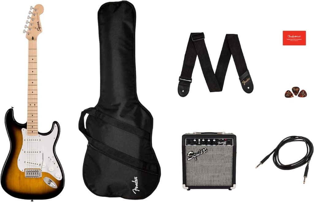 Squier by Fender Electric Guitar Kit, Sonic Stratocaster, Maple Fingerboard, 2-Color Sunburst, Poplar Body, Maple Neck, with Padded Guitar Bag, Frontman 10G Amp, Guitar Strap, and More
