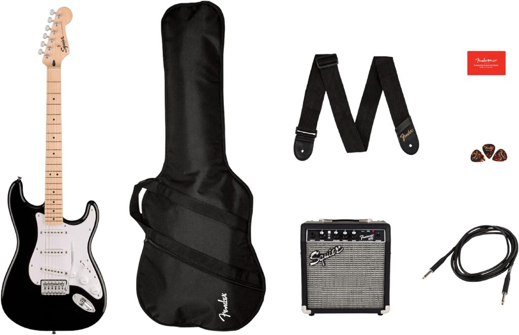 Squier by Fender Electric Guitar Kit, Sonic Stratocaster, Maple Fingerboard, Black, Poplar Body, Maple Neck, with Padded Guitar Bag, Frontman 10G Amp, Guitar Strap, and More