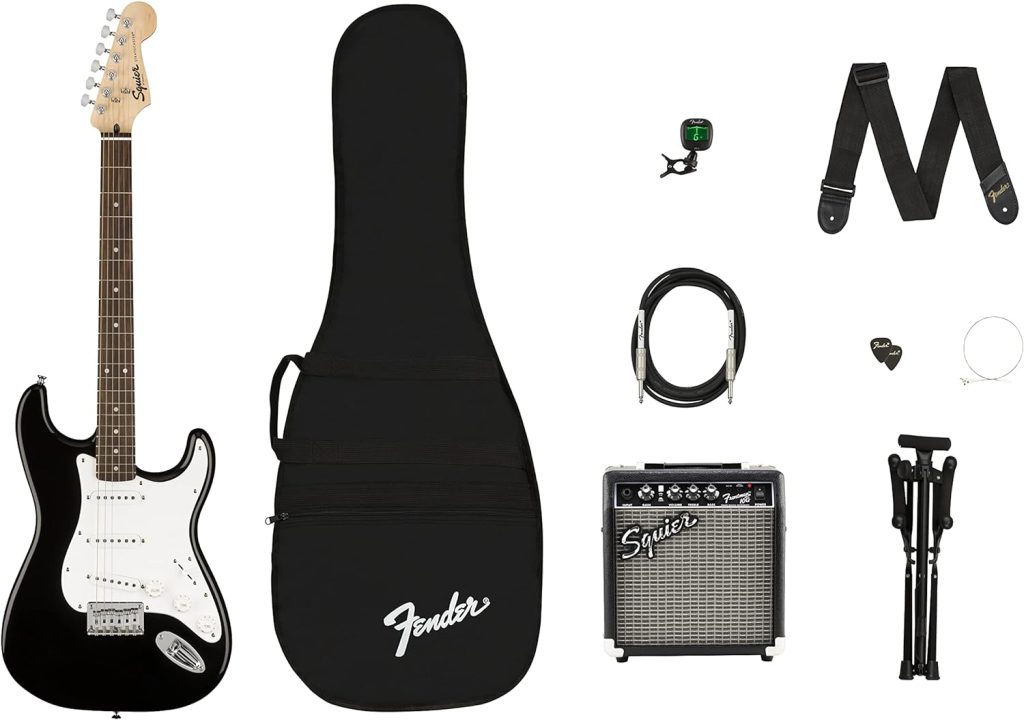 Squier by Fender Electric Guitar Kit, Stratocaster, Laurel Fingerboard, Black, Poplar Body, Includes Frontman 10G Guitar Amp, Padded Guitar Bag, Guitar Strap and More