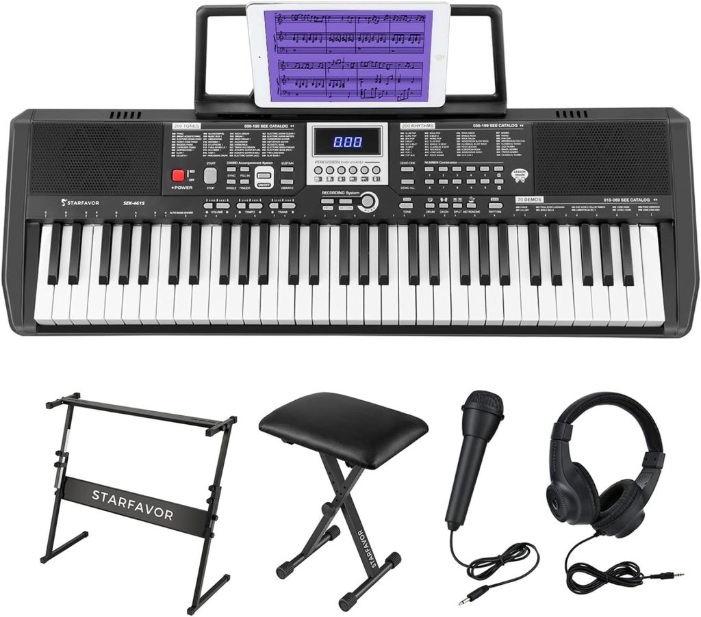 Starfavor 61 Key Portable Electric Keyboard Electronic Piano Music for Beginners Adults Kids, include Z-style Stand, Stool, Power Supply, Microphone, Headphone (SEK-461S)