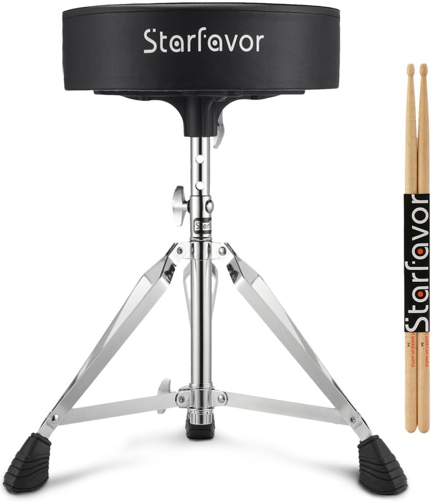 Starfavor Drum Throne Adjustable Drum Stool Padded Drum Seat Drummer Chair with Drum Sticks 5A Maple, ST-300
