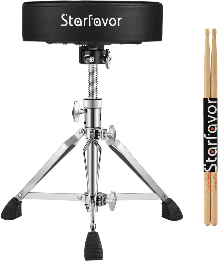 Starfavor Drum Throne Height Adjustable Padded Seat Drum Stool, with 5A Drumsticks Double Braced Anti-Slip Feet Swivel Drum Chair for Kids and Adults, ST-400B
