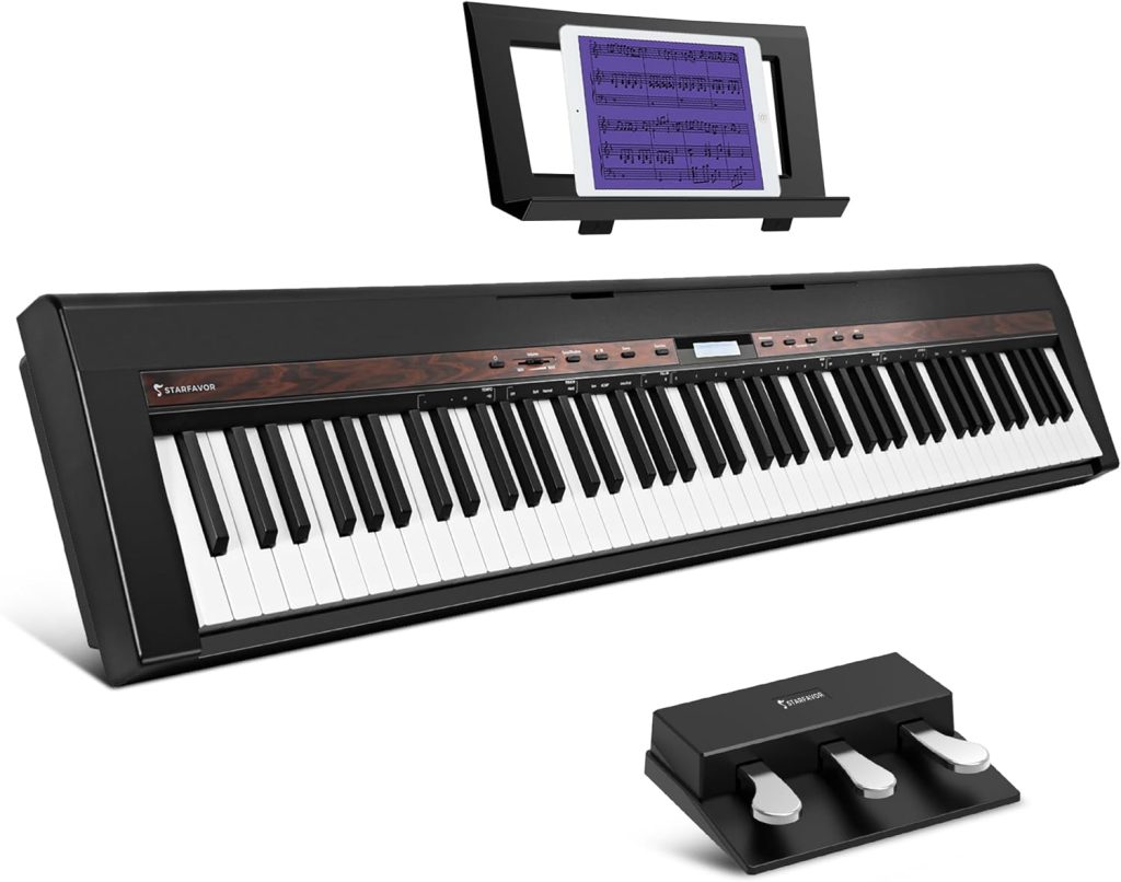 Starfavor SP-150W Digital Piano,88 Key Weighted Keyboard with Hammer Action,2x30W Speakers,200 Rhythms,238 Tones, Electric Piano Keyboard 88 Keys with Triple Pedal, Wood Grain Pattern, MIDI/USB