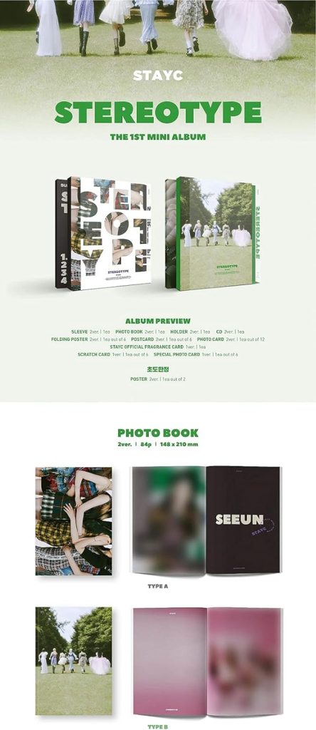STAYC Stereotype 1st Mini Album 2 Ver Set CD+1p Poster+1p Folding Poster On Pack+84p PhotoBook+1p Post+1p PhotoCard+1p Fragrance+1p Scratch+1p Special Card+Message PhotoCard Set+Tracking Kpop Sealed