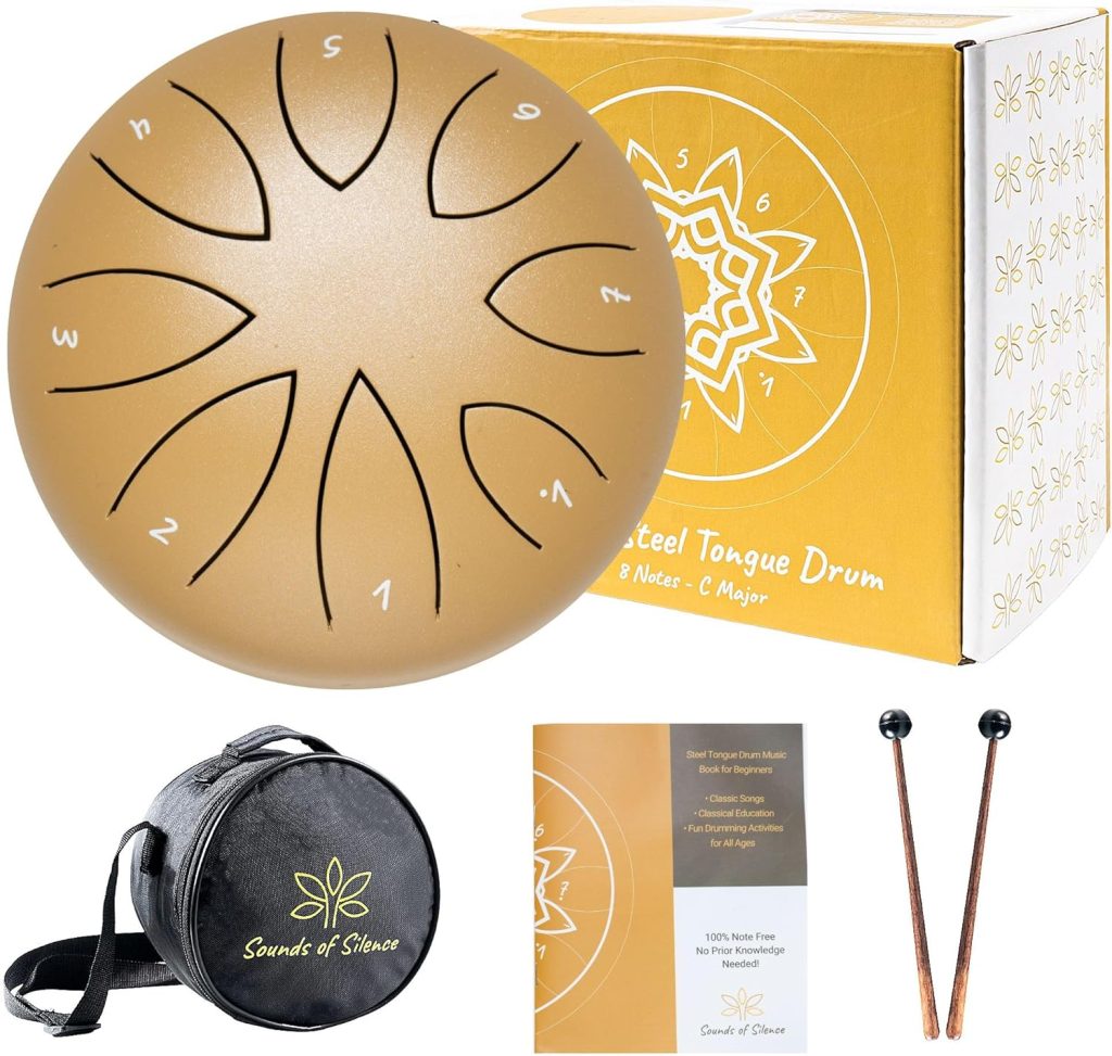 Steel Tongue Drum, 6 Inch 8 notes, Tongue Drum for Kids  Adults with Padded Shoulder Bag, Fun Songs, Meditation Music Book,C-major Hand Pan Balmy Drums,Beginners Friendly  Melodic gift (Matte Gold)
