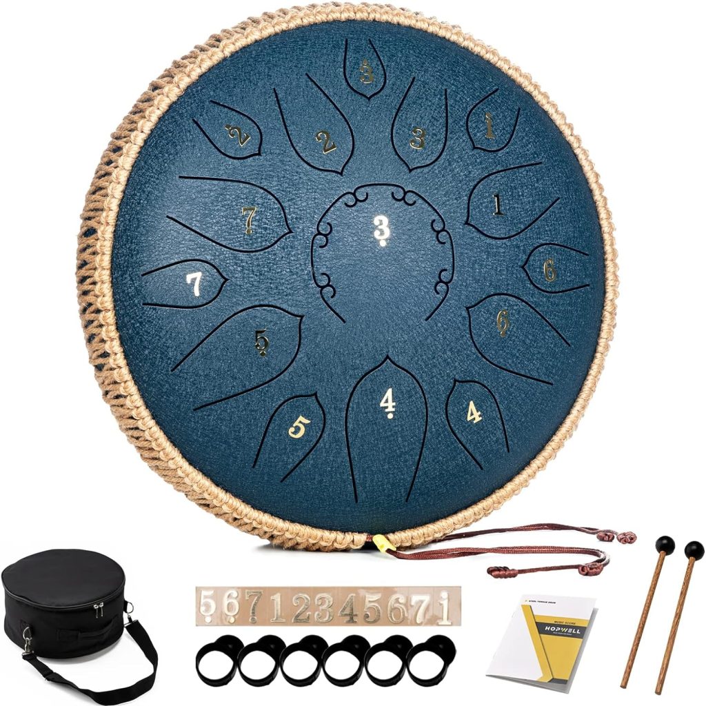 Steel Tongue Drum - HOPWELL 12 Inches 13 Notes - Percussion Instruments - Hand Pan Drum with Music Book, Drum Mallets and Carry Bag, C Major (Navy Blue)