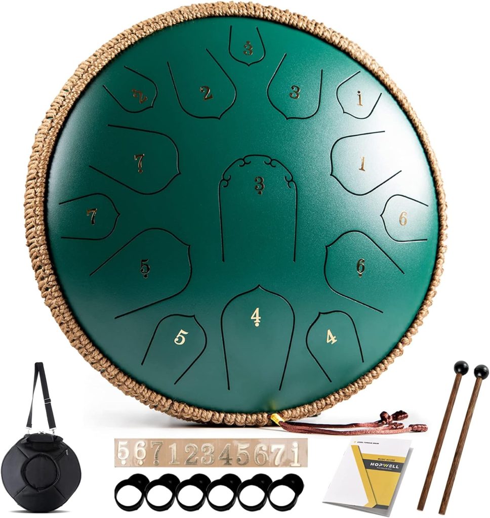 Steel Tongue Drum - HOPWELL 15 Note 14 Inch Tongue Drum - Hand Pan Drums with Music Book, Steel Handpan Drum Mallets and Carry Bag, D Major (Green)