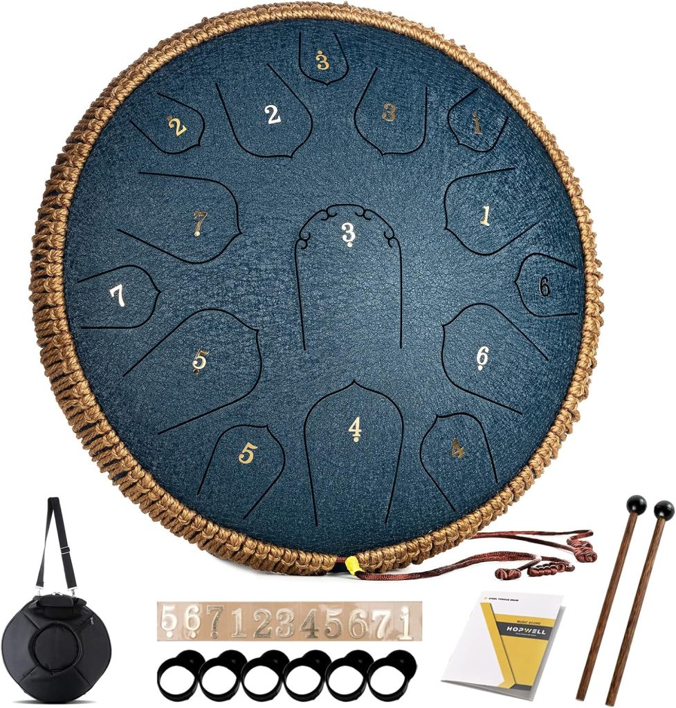Steel Tongue Drum - HOPWELL 15 Note 14 Inch Tongue Drum Instrument - Hand Pan Drums with Music Book, Steel Handpan Drum Mallets and Carry Bag, D Major (Navy Blue)