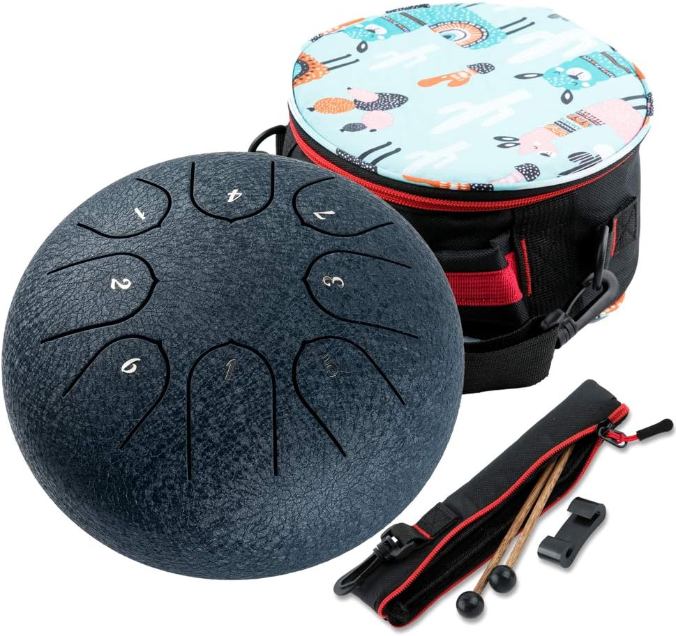 Steel Tongue Drum,Tongue Drum 6 Inch 8 Notes Hand Pan Drum C Key Meditation Drum Percussion Instrument with Bag, 2 Drumsticks, Finger Picks for Adults Kids Beginner-Black