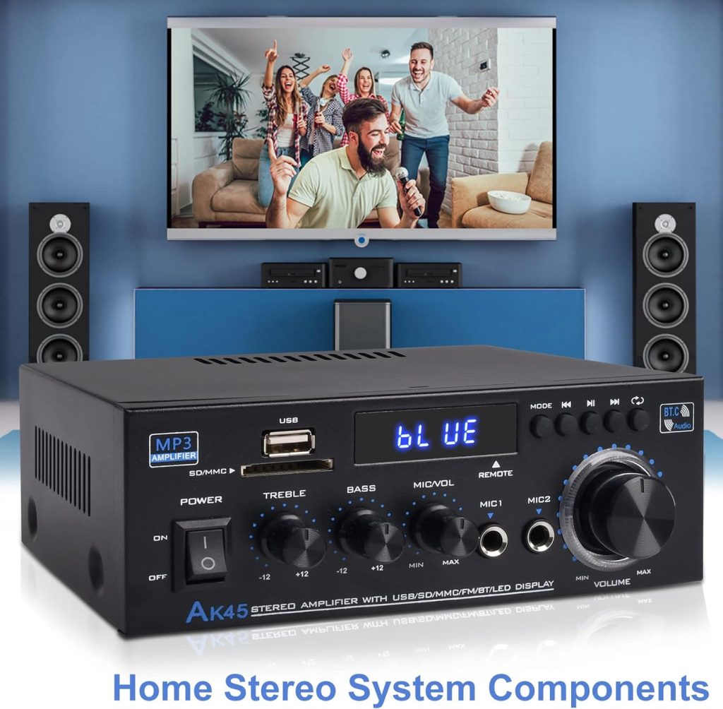 Stereo Audio Amplifier Receiver, 300Wx2 Home Dual Channel Bluetooth 5.0 Sound Speaker AMP, Home Amplifiers FM Radio, USB, SD Card, with Remote Control Home Theater Audio Stereo System Components