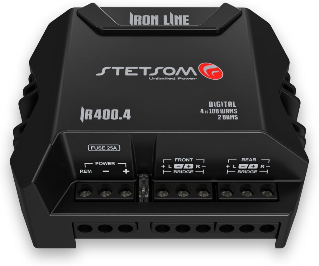 Stetsom IR 400.4 2 Ohms Compact Digital 4 Channels Amplifier, IRON LINE, 400 Watts RMS 400x4, 2Ω Stable, Multichannel Digital Car Audio Amp TS, Full-Range Sound Quality, Crossover