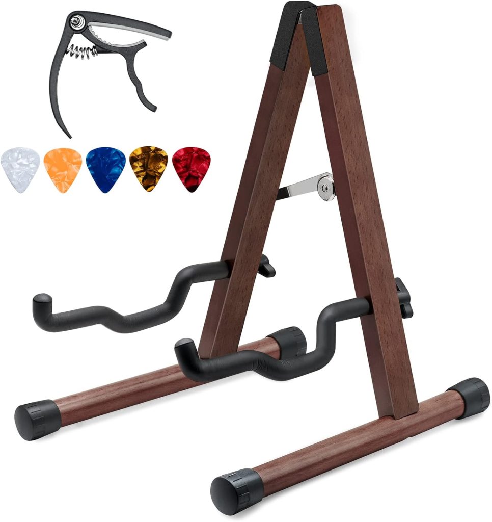 STNFAREBI Acoustic Guitar Stand,Wooden Guitar Stand,5 Free Guitar Picks and 1 Free Guitar Capo, A-Frame Folding Guitar Stand for Bass, Cello, Mandolin, Banjo, Gifts for Guitar Players