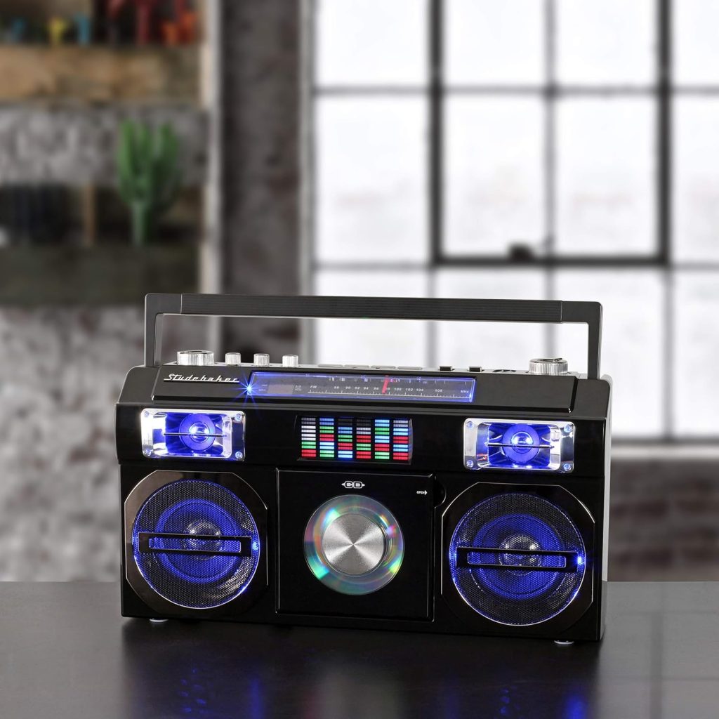 Studebaker SB2145B 80s Retro Street Bluetooth Boombox with FM Radio, CD Player, LED EQ, 10 Watts RMS Power and AC/DC