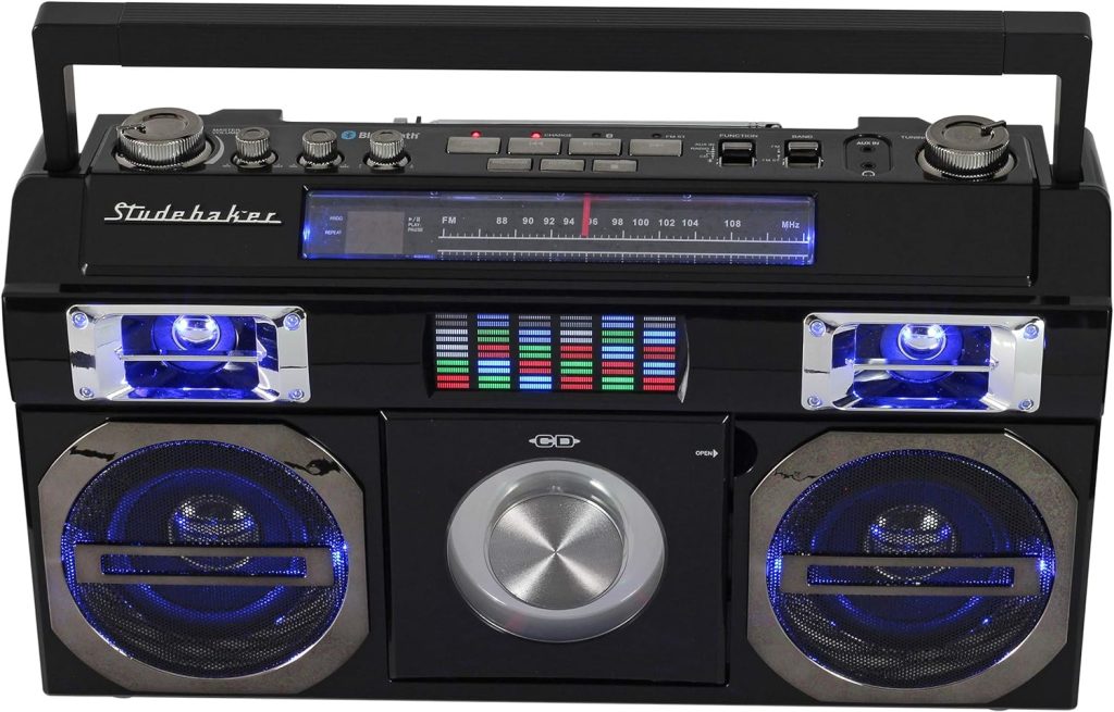 Studebaker SB2145B 80s Retro Street Bluetooth Boombox with FM Radio, CD Player, LED EQ, 10 Watts RMS Power and AC/DC