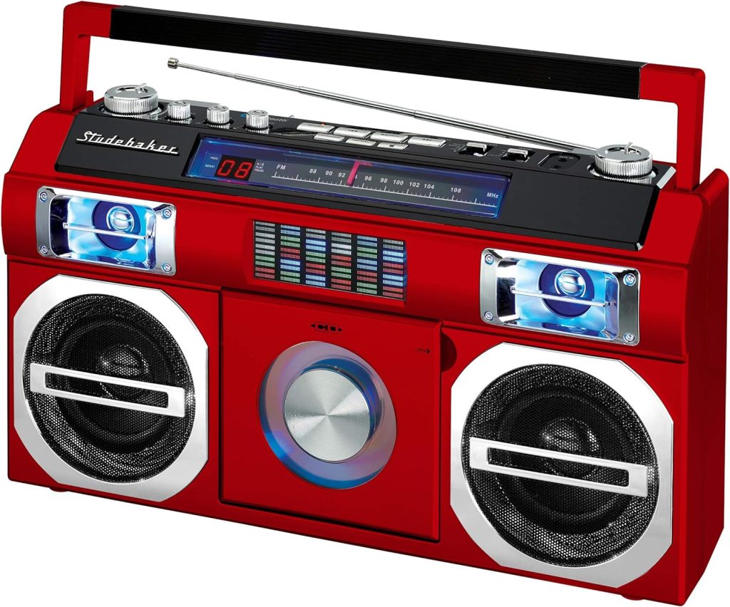 Studebaker SB2145B 80s Retro Street Bluetooth Boombox with FM Radio, CD Player, LED EQ, 10 Watts RMS Power and AC/DC